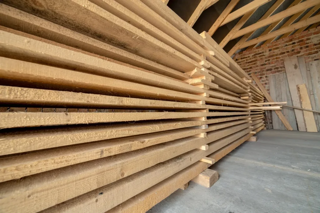 Stock de planches de bois sèches à l'atelier